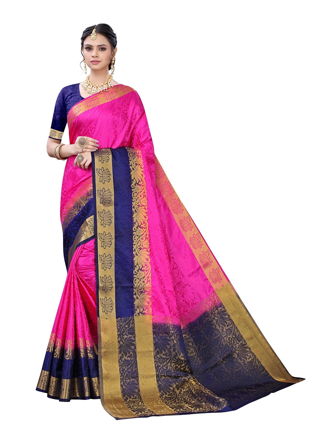 

AADVIKA Pink & Navy Blue Woven Design Zari Banarasi Saree