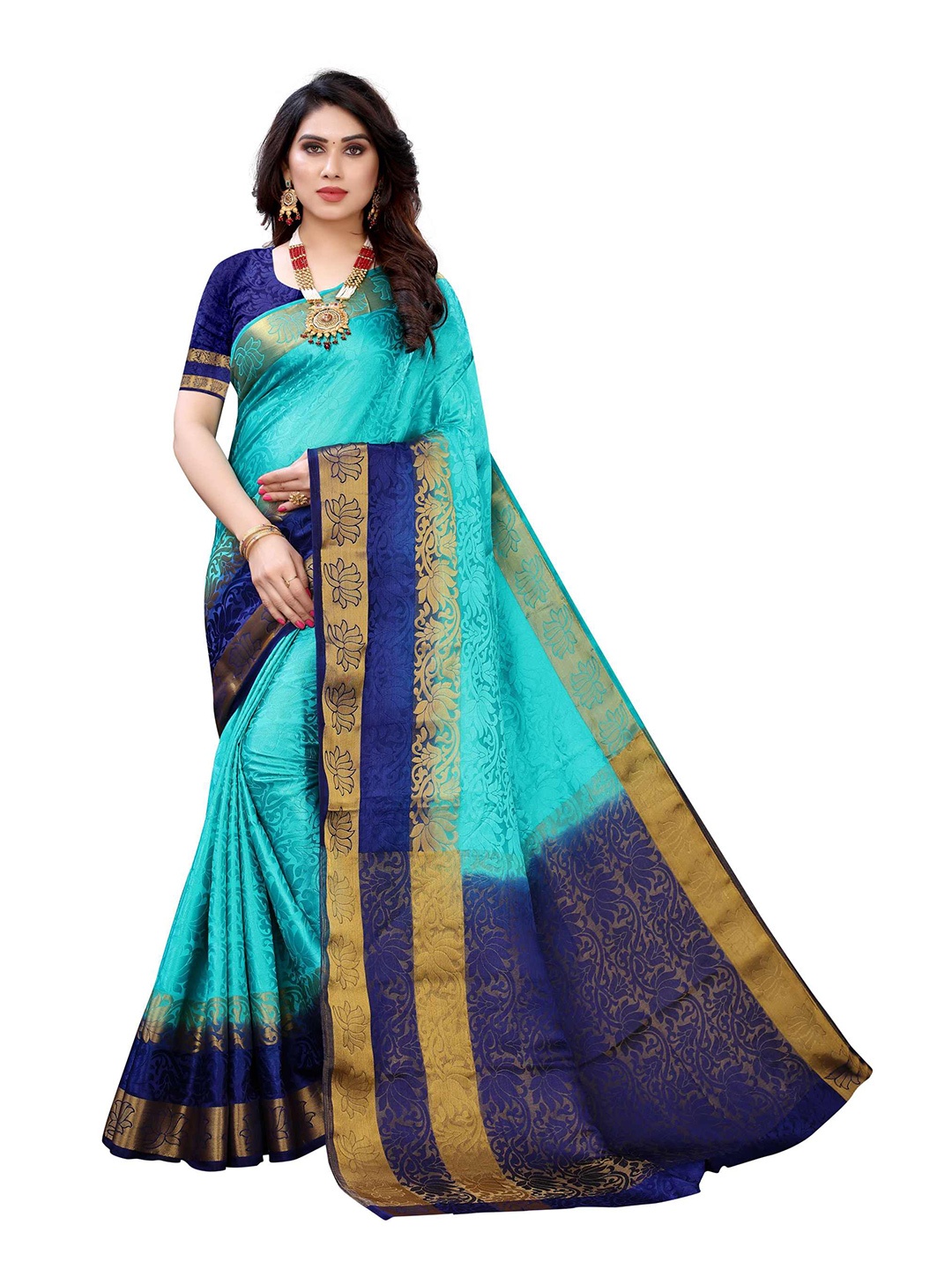 

AADVIKA Blue & Gold-Toned Woven Design Zari Banarasi Saree