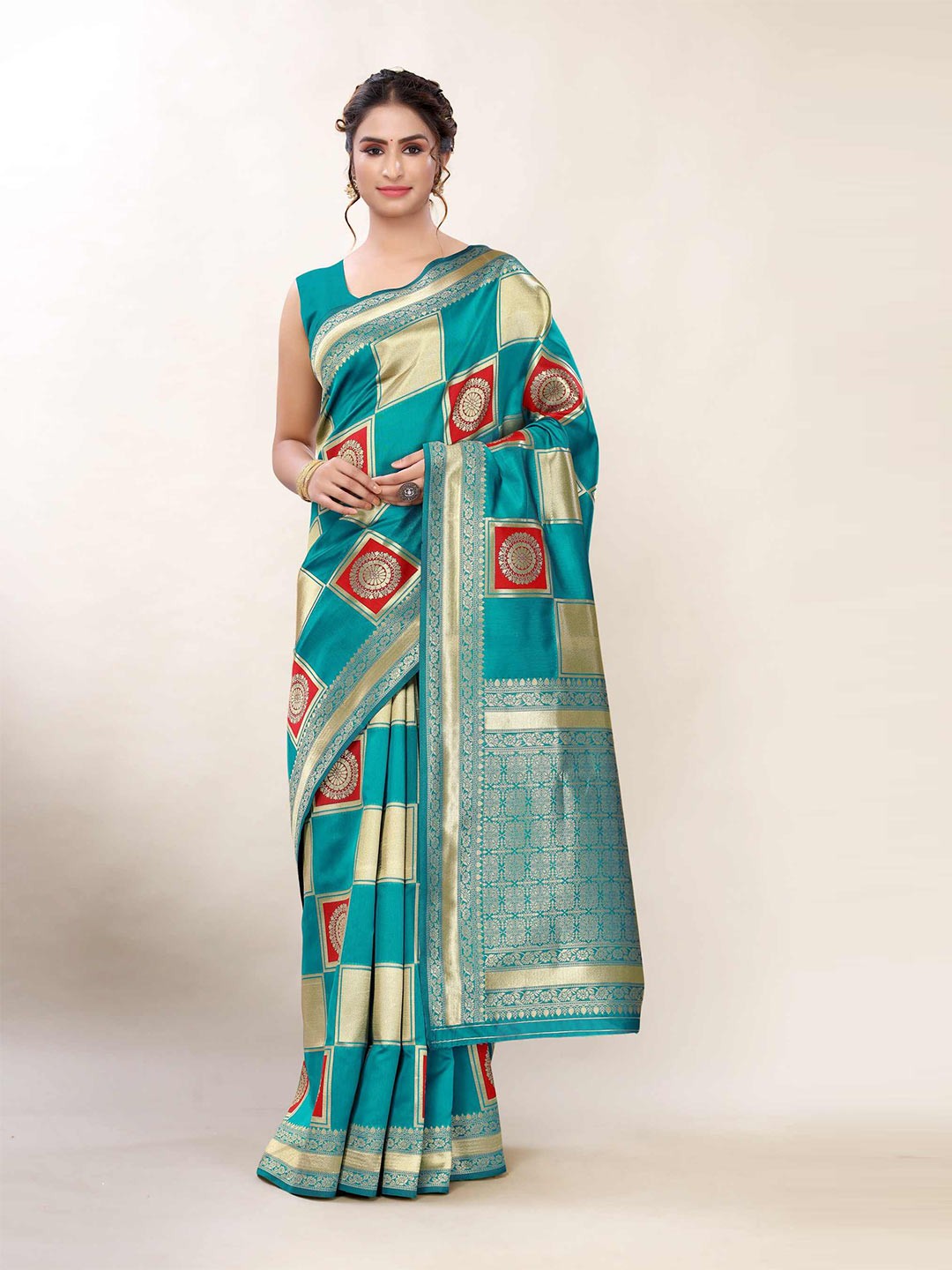 

AADVIKA Green & Gold-Toned Woven Design Zari Banarasi Saree