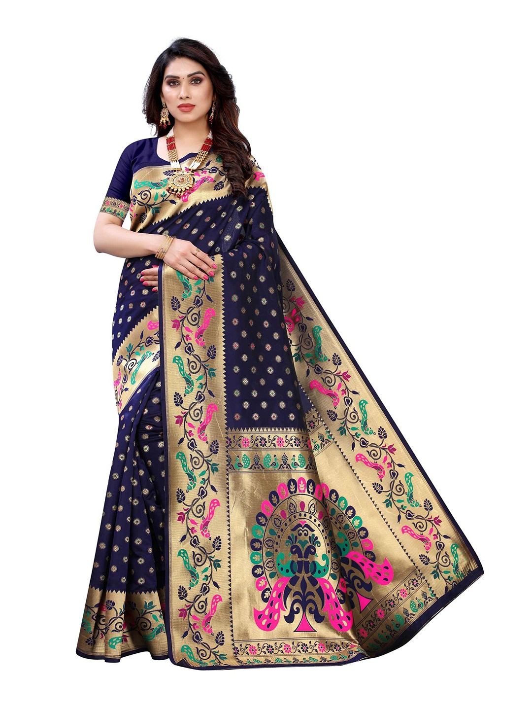 

AADVIKA Navy Blue & Green Woven Design Zari Banarasi Saree