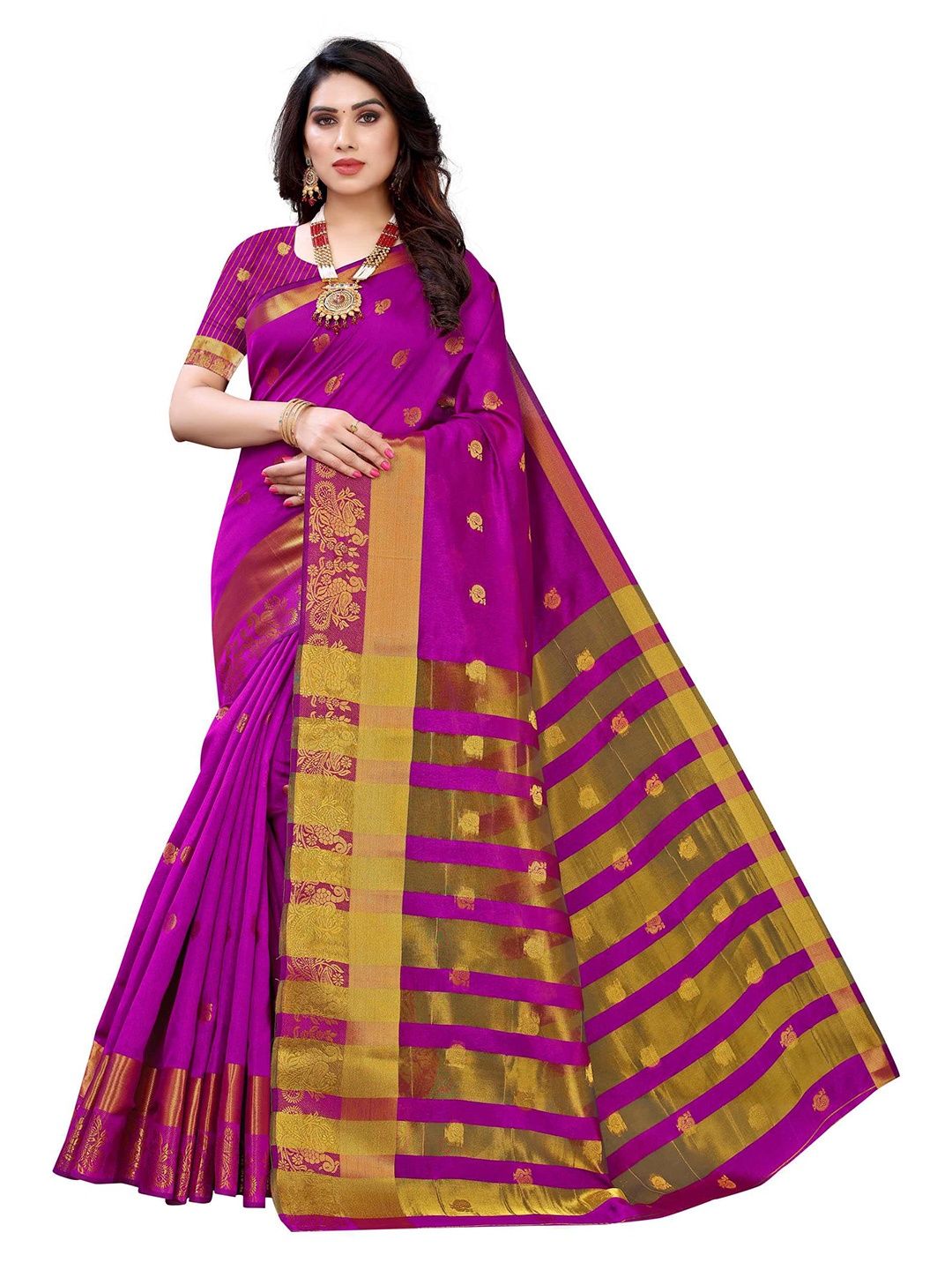

AADVIKA Purple & Gold-Toned Woven Design Zari Banarasi Saree