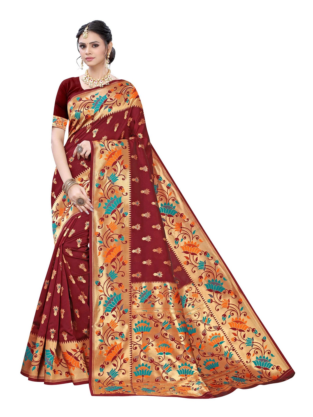 

AADVIKA Maroon & Blue Woven Design Zari Banarasi Saree