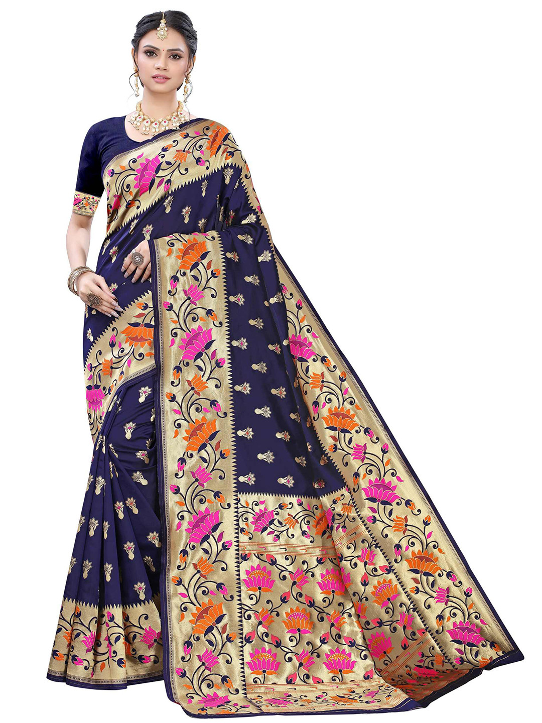 

AADVIKA Navy Blue & Gold-Toned Woven Design Zari Banarasi Saree