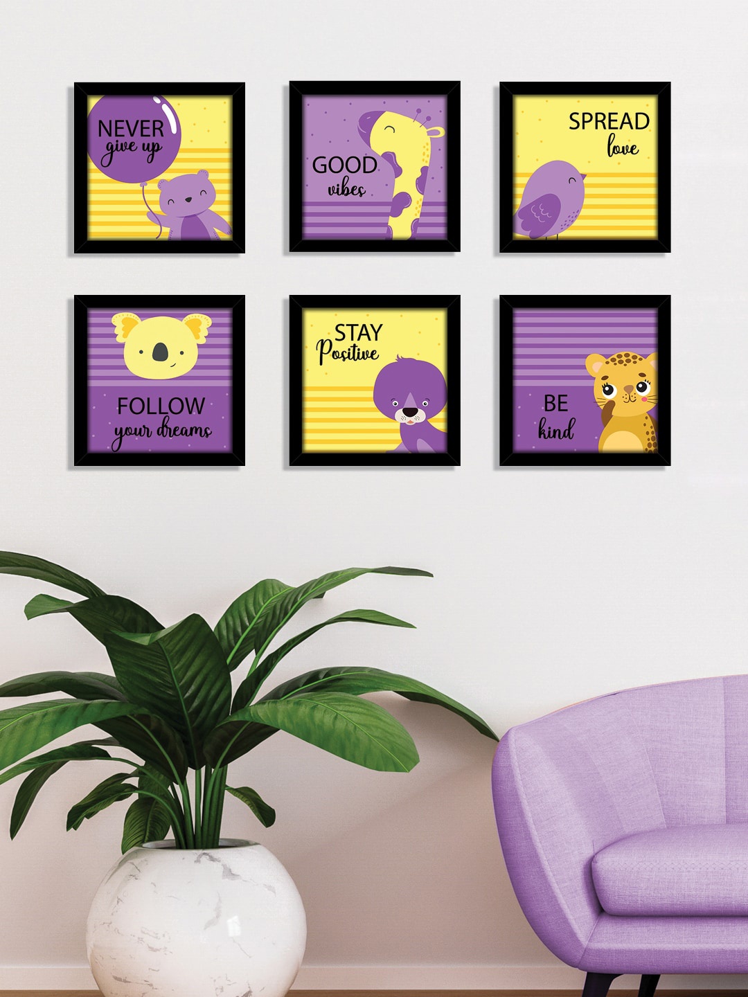 

nest ART Set Of 6 Black Kids Cartoon Animals Wall Art, Violet