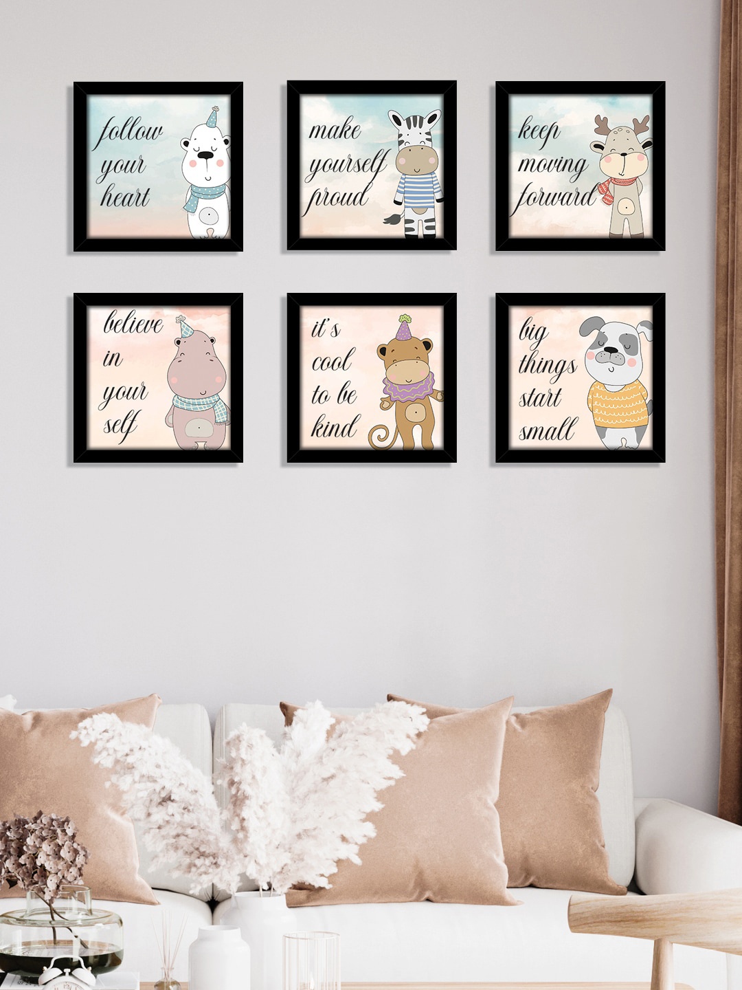 

nest ART Set Of 6 Black & Peach Coloured Cartoon Animals Printed Framed Wall Art