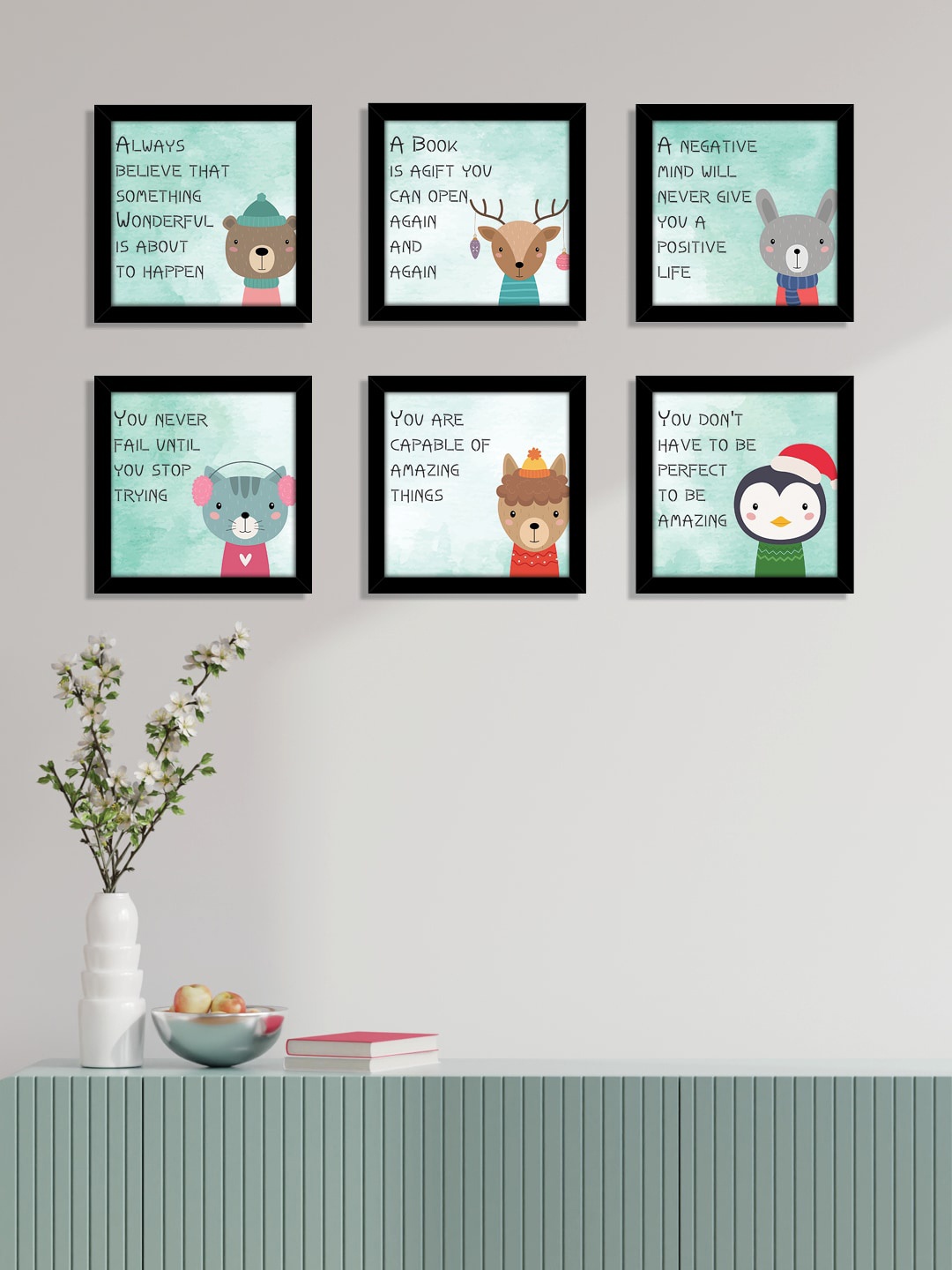 

nest ART Set Of 6 Green & Black Cartoon Animals Framed Wall Art
