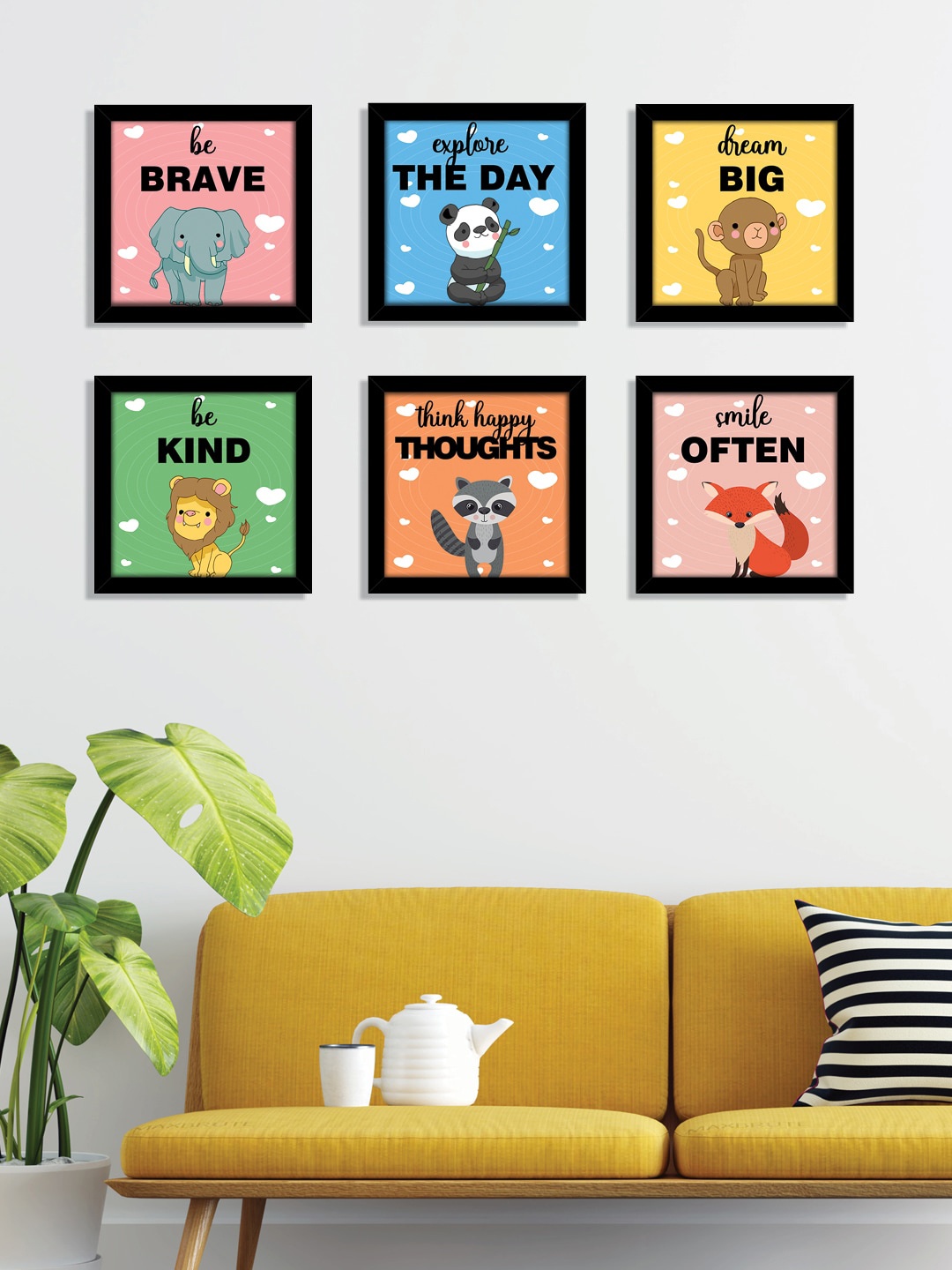 

nest ART Set Of 6 Multi Colored Cartoon Animal Wall Art, White