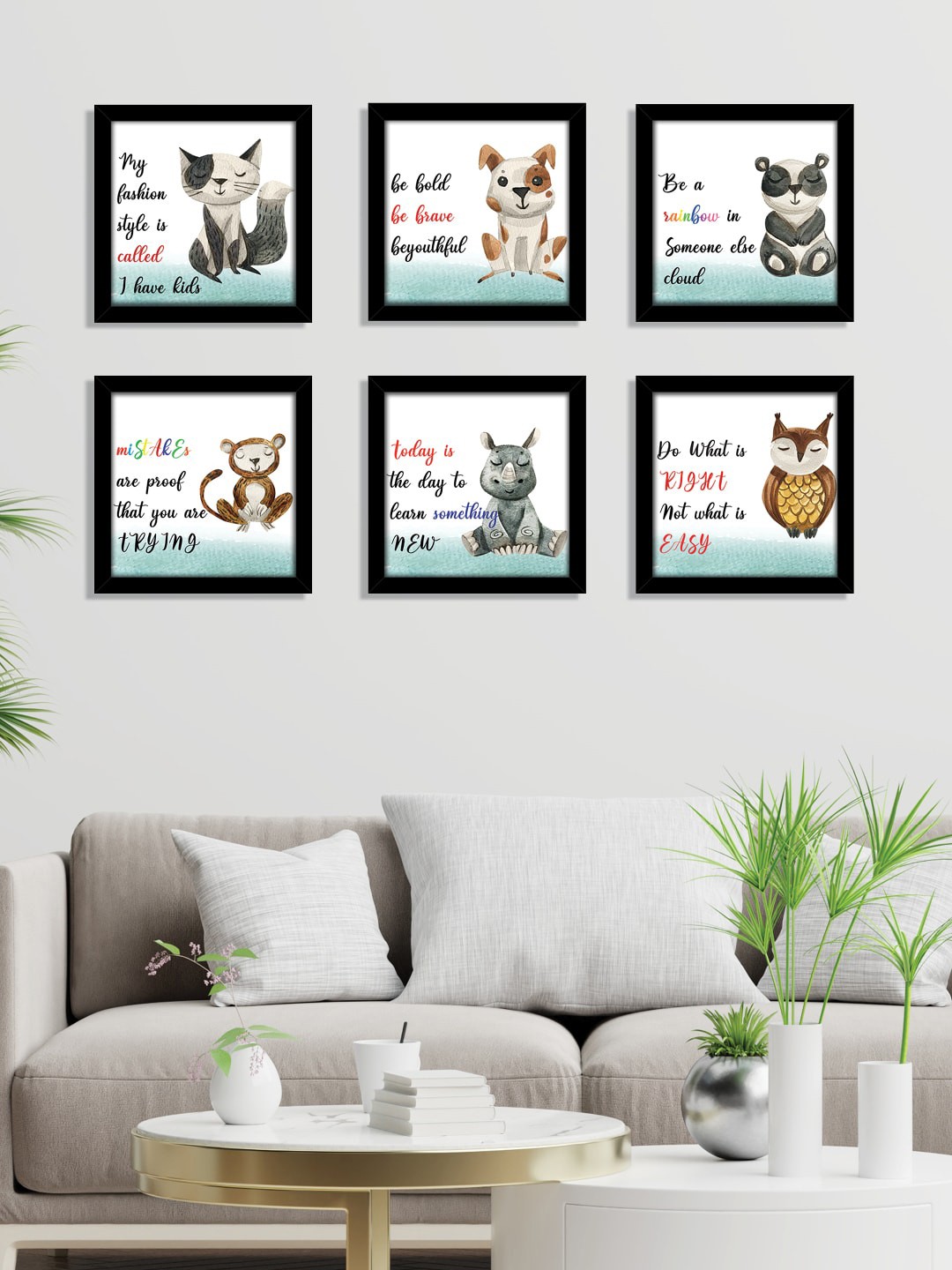 

nest ART Set of 6 Cartoon Animals Framed Wall Art, Black