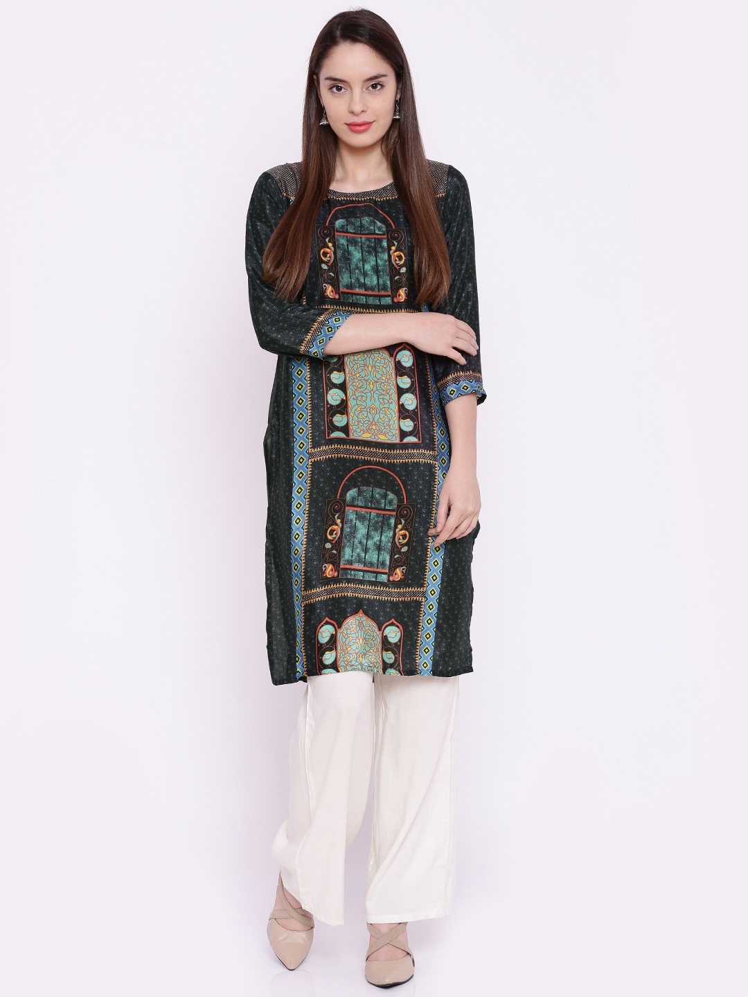 

Span Women Charcoal Grey Printed Straight Kurta