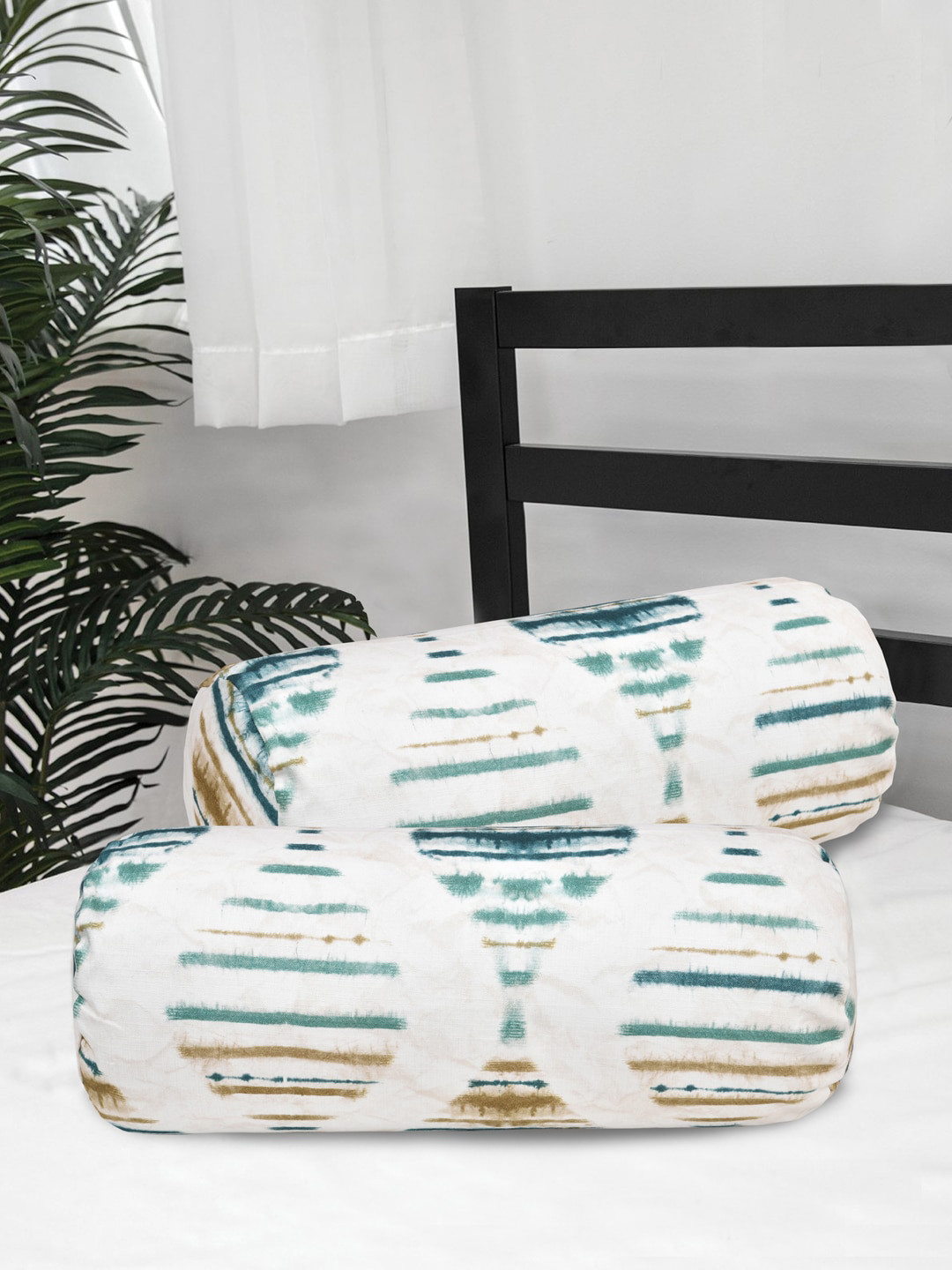 

Clasiko Set of 2 White & Green Striped 220 TC Cotton Bolster Covers