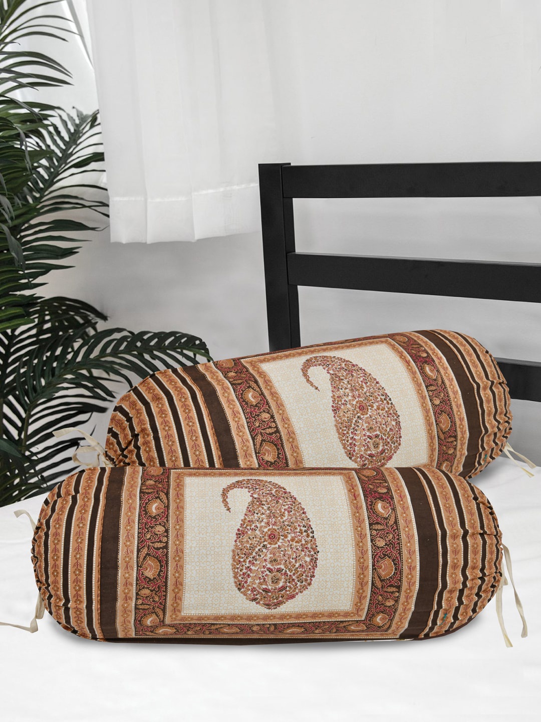 

Clasiko Set Of 2 Brown & Beige Printed 220 TC Cotton Bolster Covers