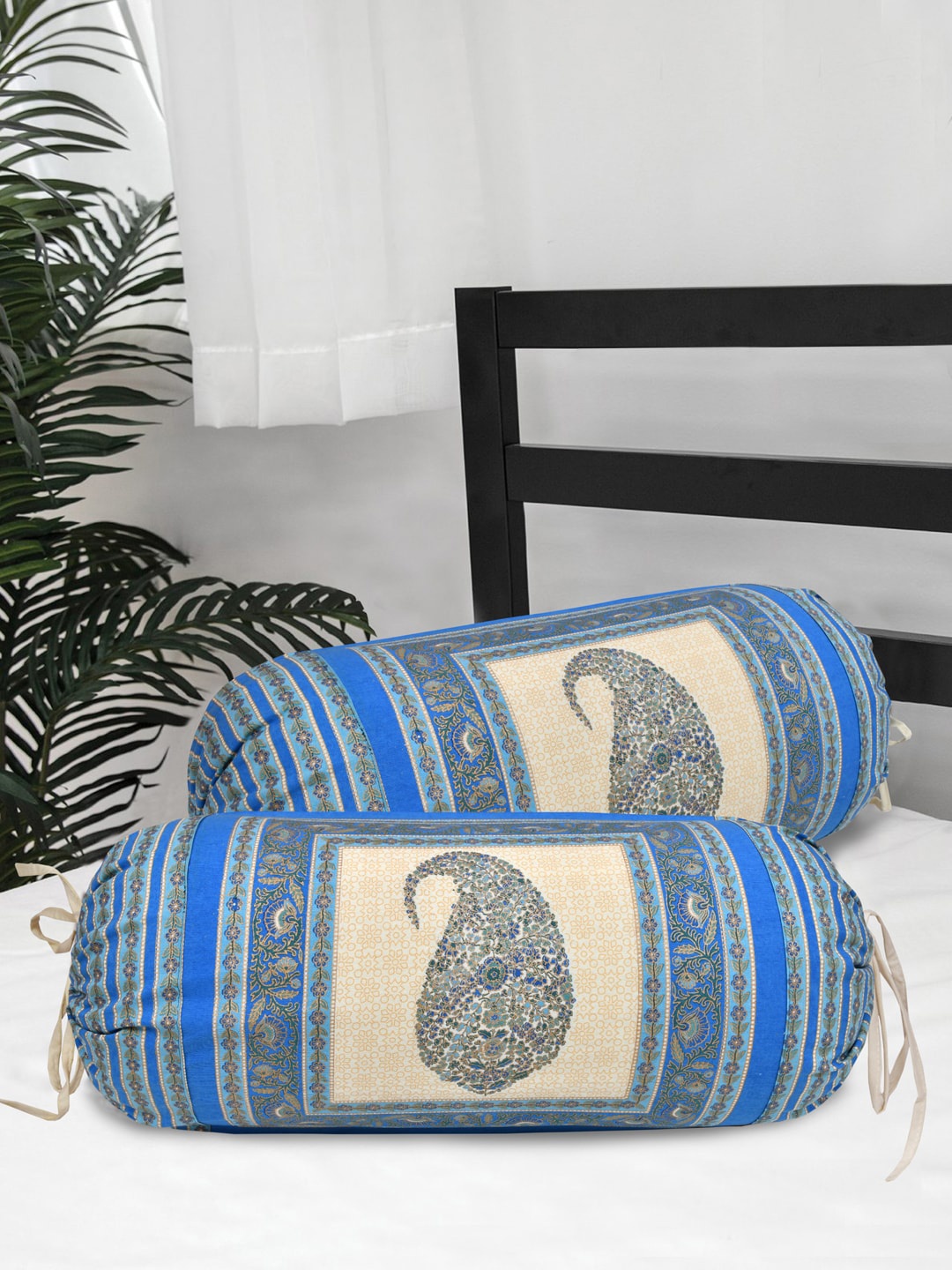 

Clasiko Set Of 2 Beige & Blue Printed Pure Cotton 220 TC Bolster Covers