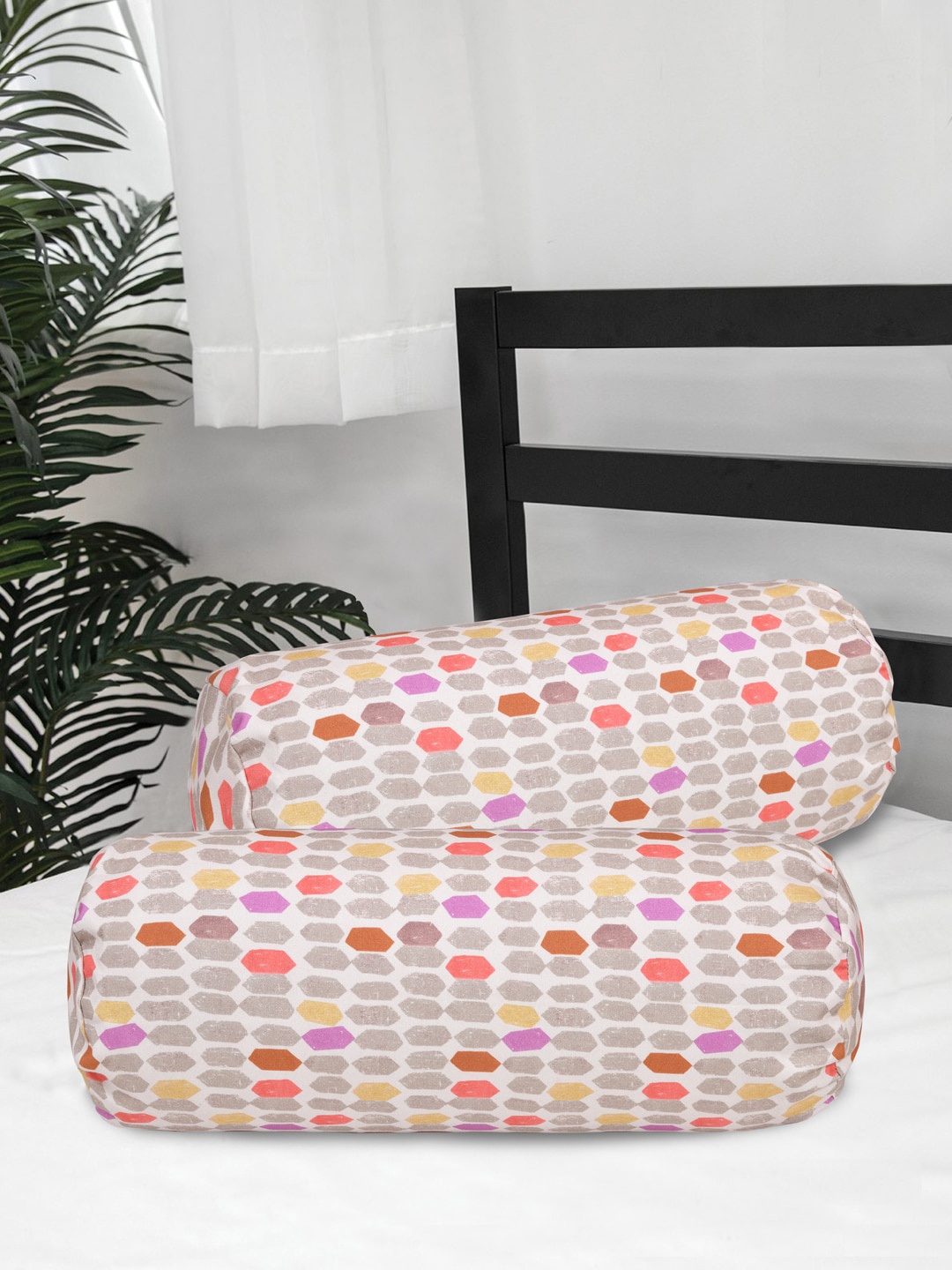 

Clasiko Set Of 2 White & Orange Printed Geometric Pure Cotton 220 TC Bolster Covers