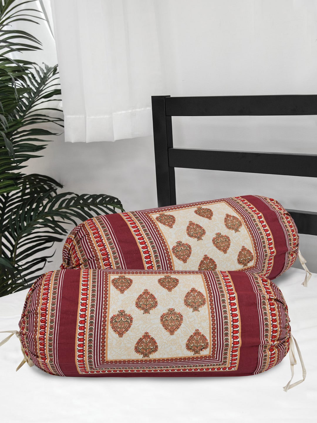 

Clasiko Set Of 2 Maroon Golden Printed Small Motif Pure Cotton Bolster Covers, Beige