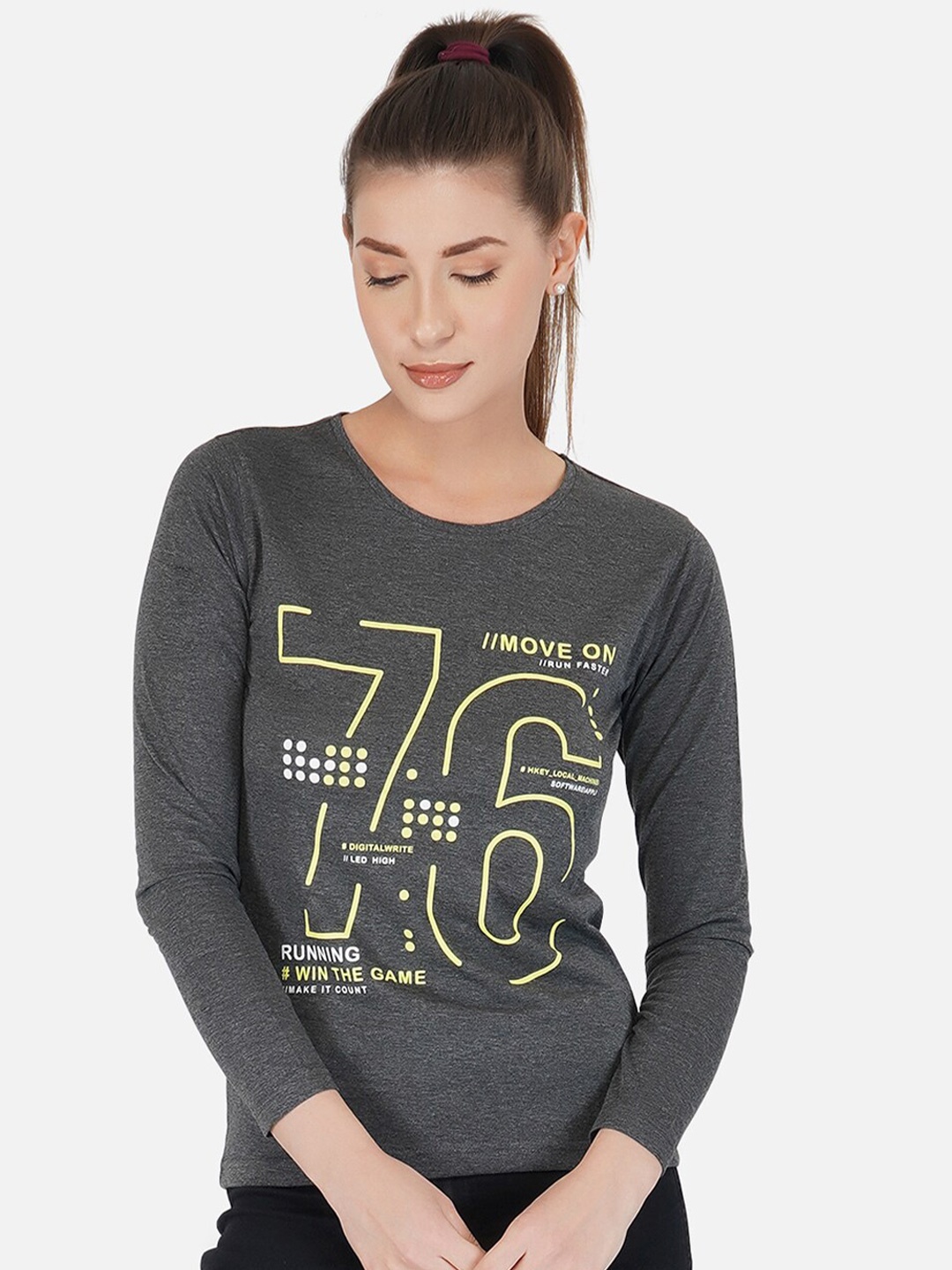 

appulse Women Charcoal Typography Printed Cotton T-shirt