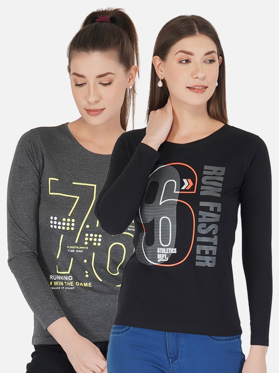 

appulse Women Grey & Black Typography Pack of 2 Printed T-shirt