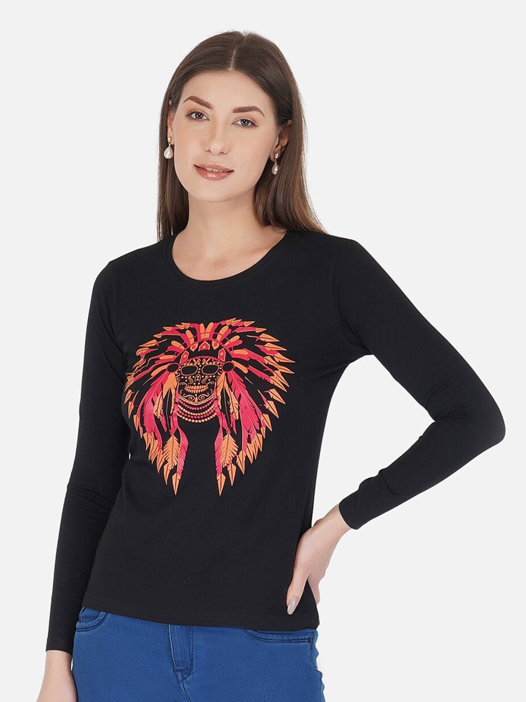 

appulse Women Black & Red Printed Cotton T-shirt