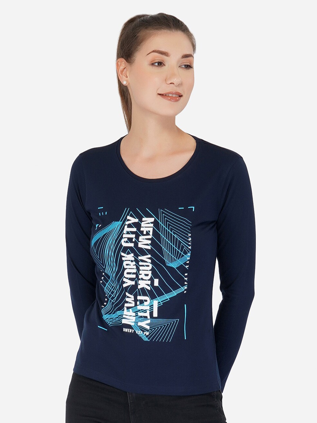 

appulse Women Navy Blue Printed T-shirt