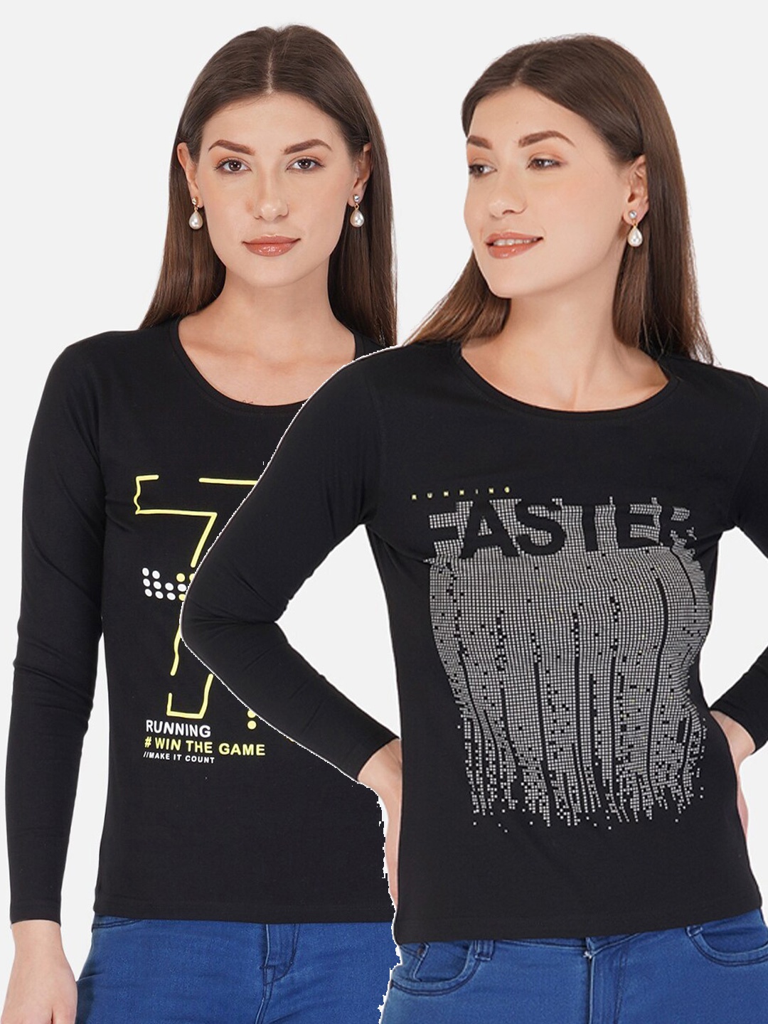 

appulse Women Black Set Of 2 Printed T-shirt