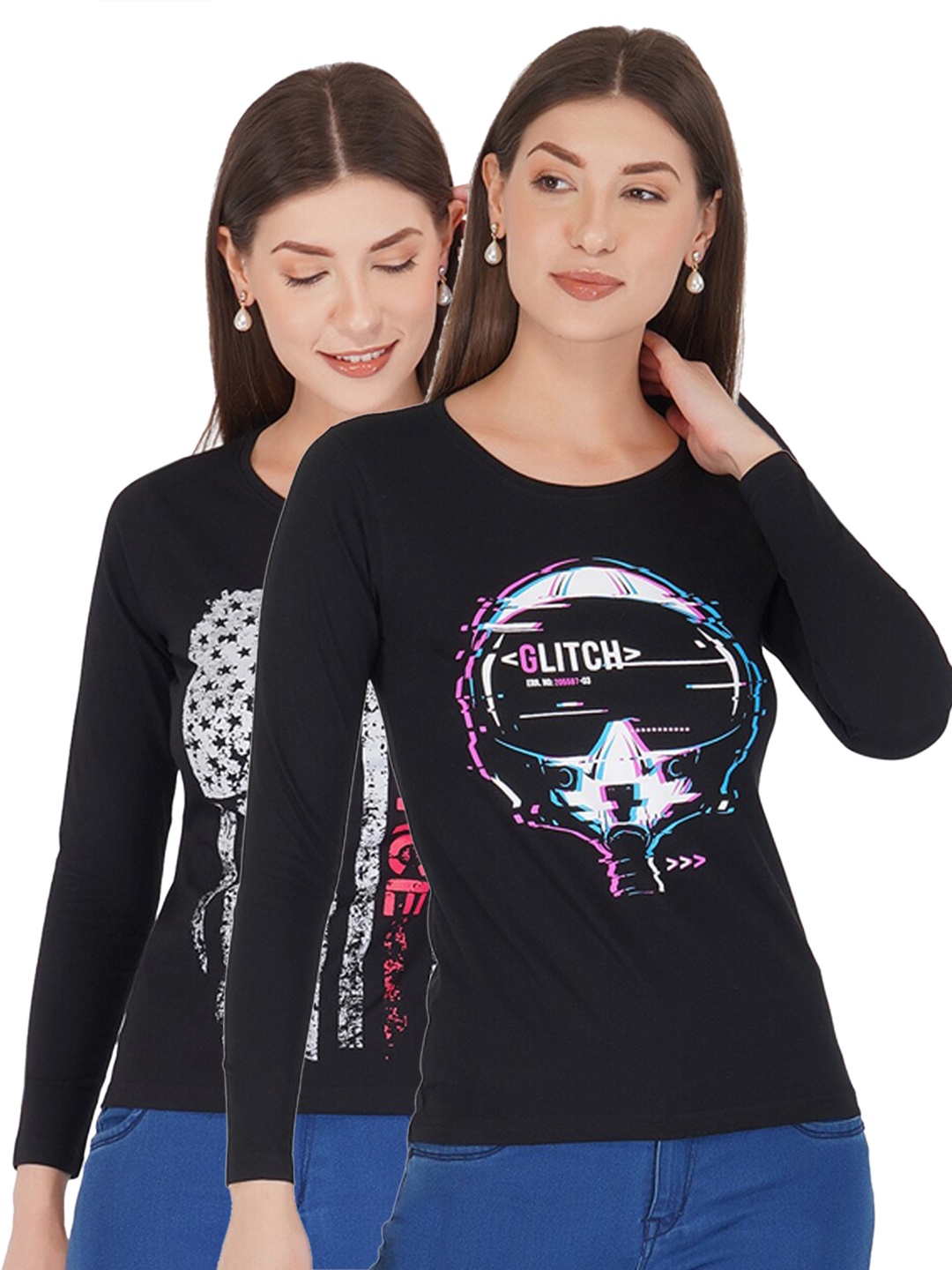 

appulse Women Black Pack Of 2 Printed T-shirts