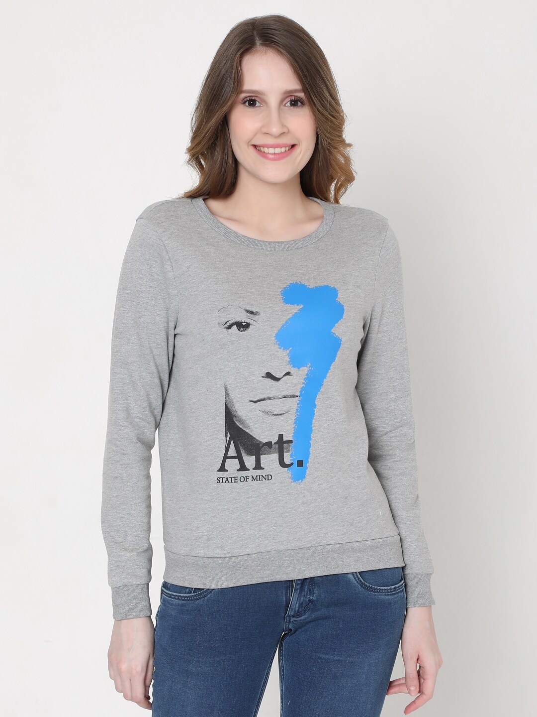 

Vero Moda Women Grey Printed Cotton Sweatshirt
