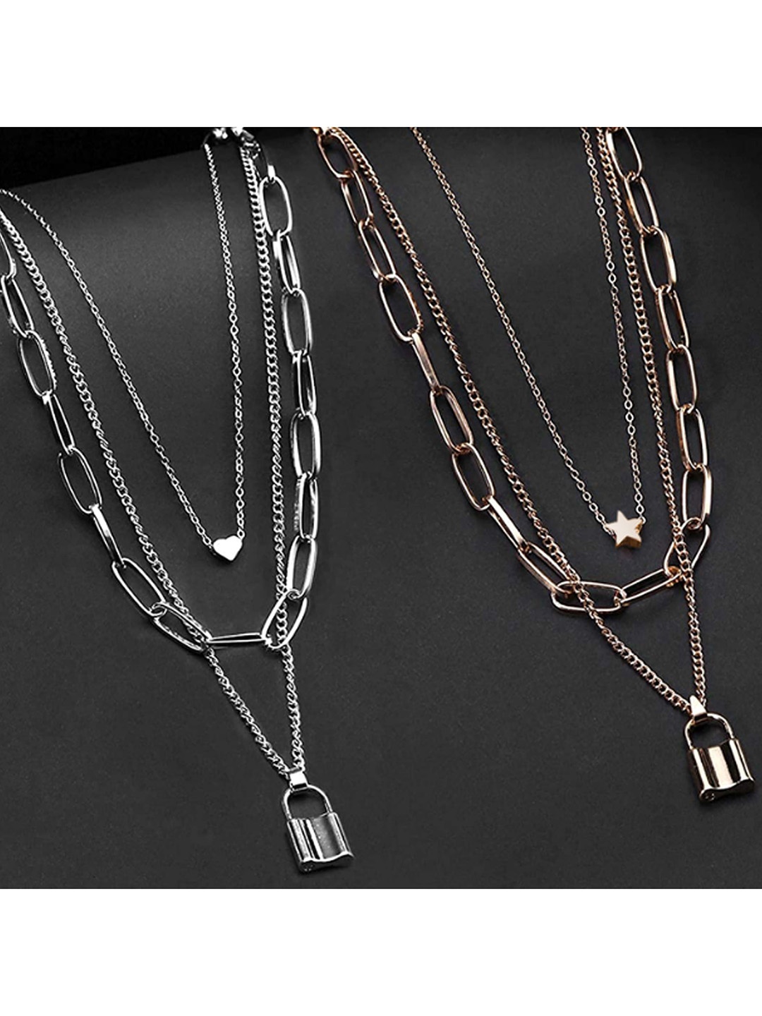 

Fashion Frill Set of 2 Silver & Gold-Plated Lock Design Layered Necklace