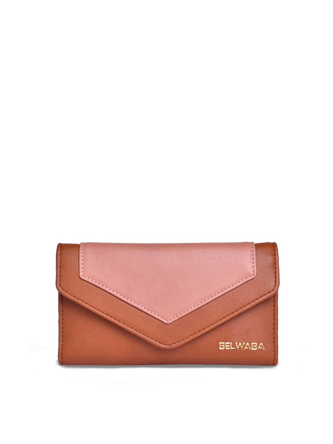 

Belwaba Women Tan & Pink Colourblocked PU Three Fold Wallet