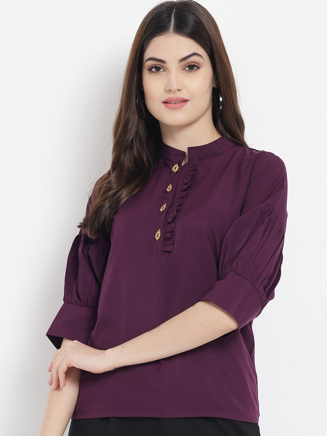 

Kannan Purple Solid Mandarin Collar Crepe Top