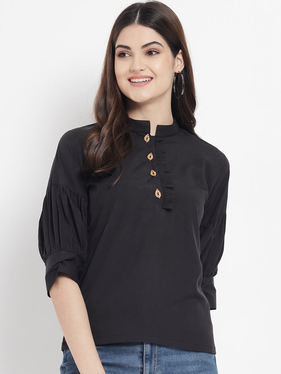 

Kannan Black Solid Mandarin Collar Crepe Top