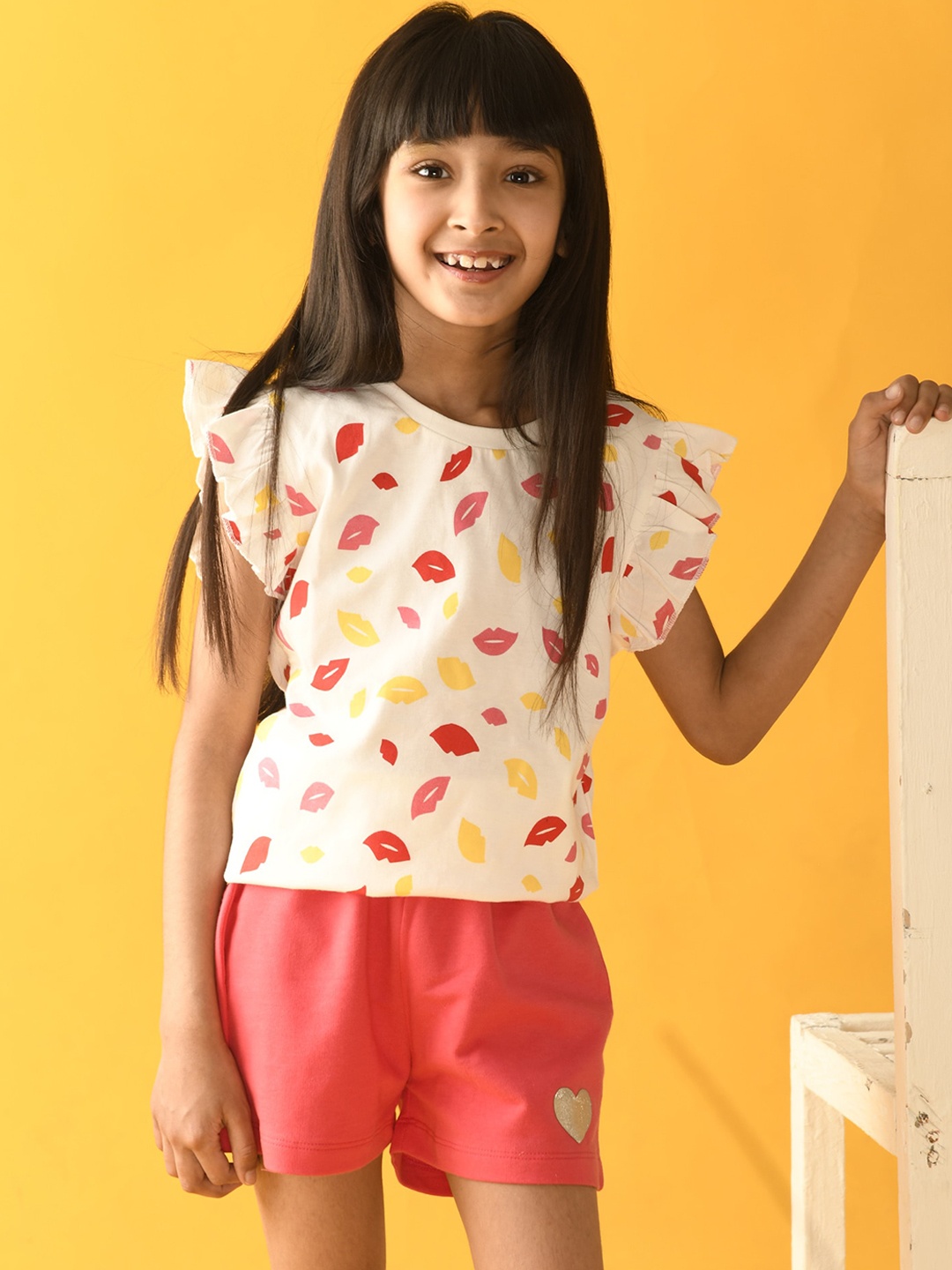 

Anthrilo Girls White & Peach Printed Cotton Top with Shorts