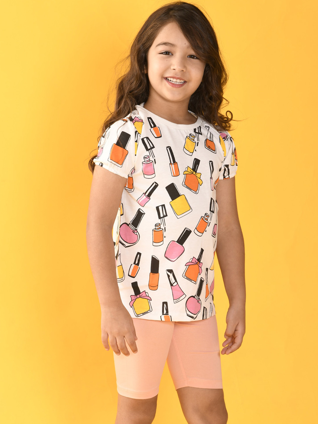 

Anthrilo Girls White & Peach-Coloured Printed Pure Cotton Night suit