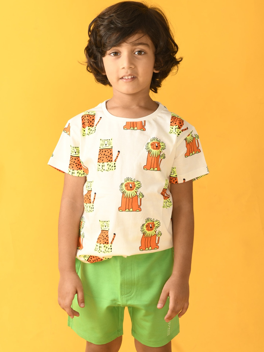 

Anthrilo Boys White & Green Printed Cotton T-shirt with Shorts