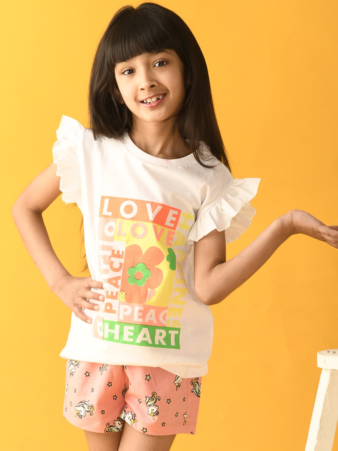 

Anthrilo Girls White & Pink Printed Pure Cotton T-shirt with Shorts