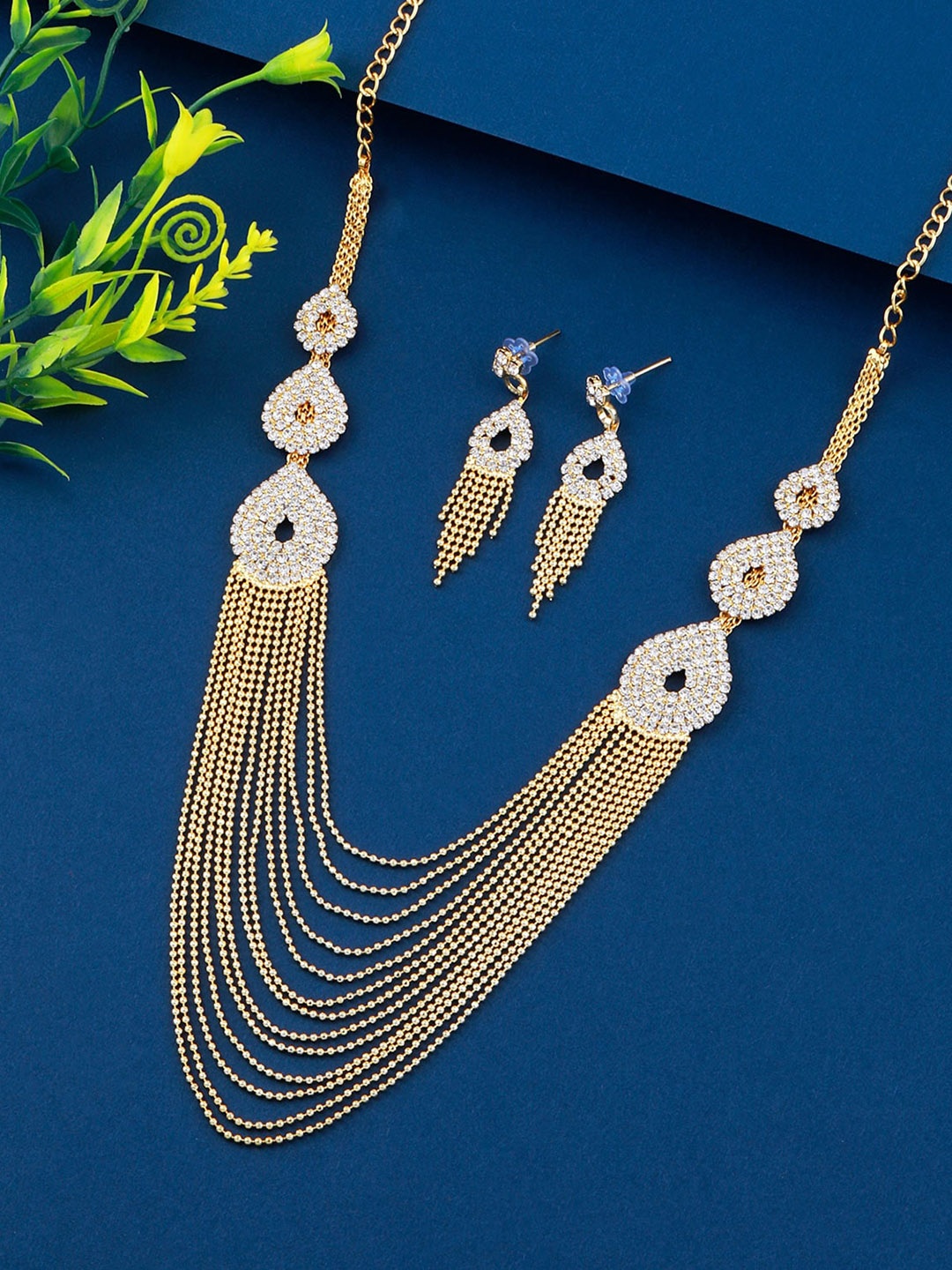 

Silver Shine Women Gold-Plated White Crystal Stone-Studded & Beaded Jewellery Set