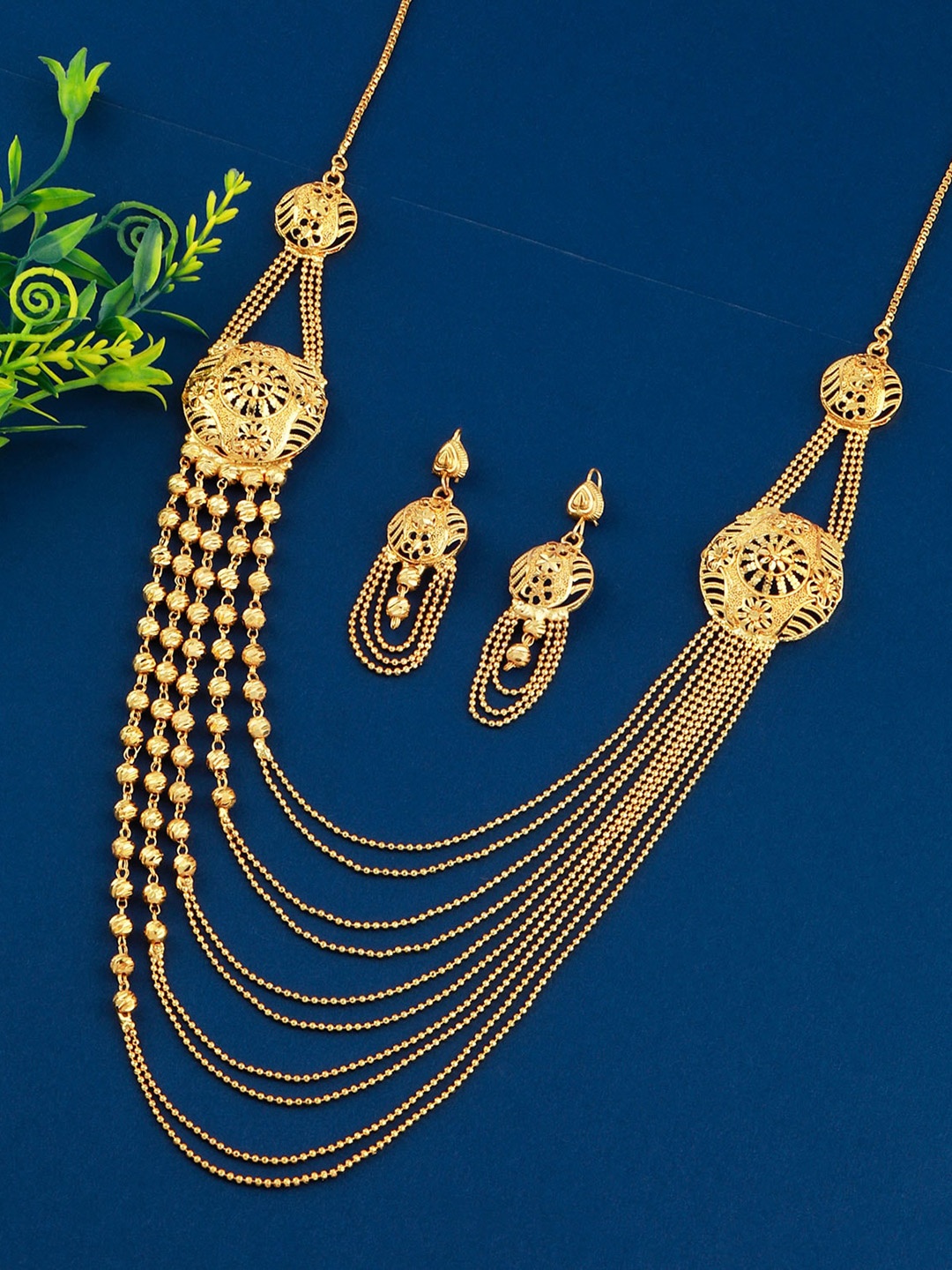 

Silver Shine Women Gold Plated Gold Toned Necklace Jewellery Set