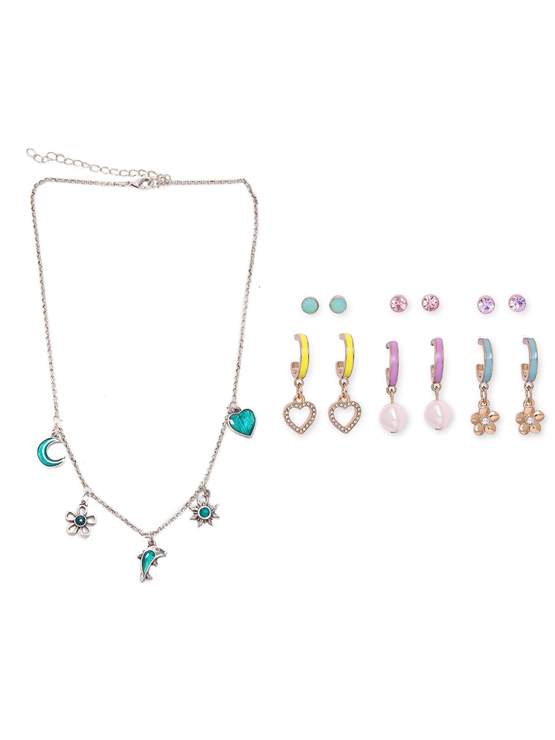 

Lilly & sparkle Women Set of 3 Hoops & Stud Earring with Charm Necklace, Multi