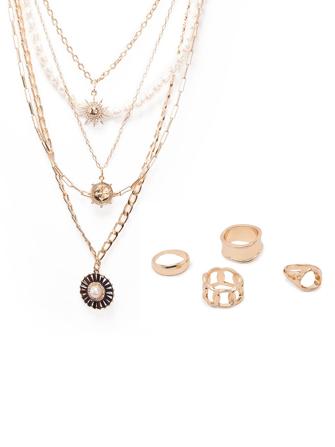 

Lilly & sparkle Women Combo Pack Gold-Plated Layered Necklace & Set Of 4 Rings