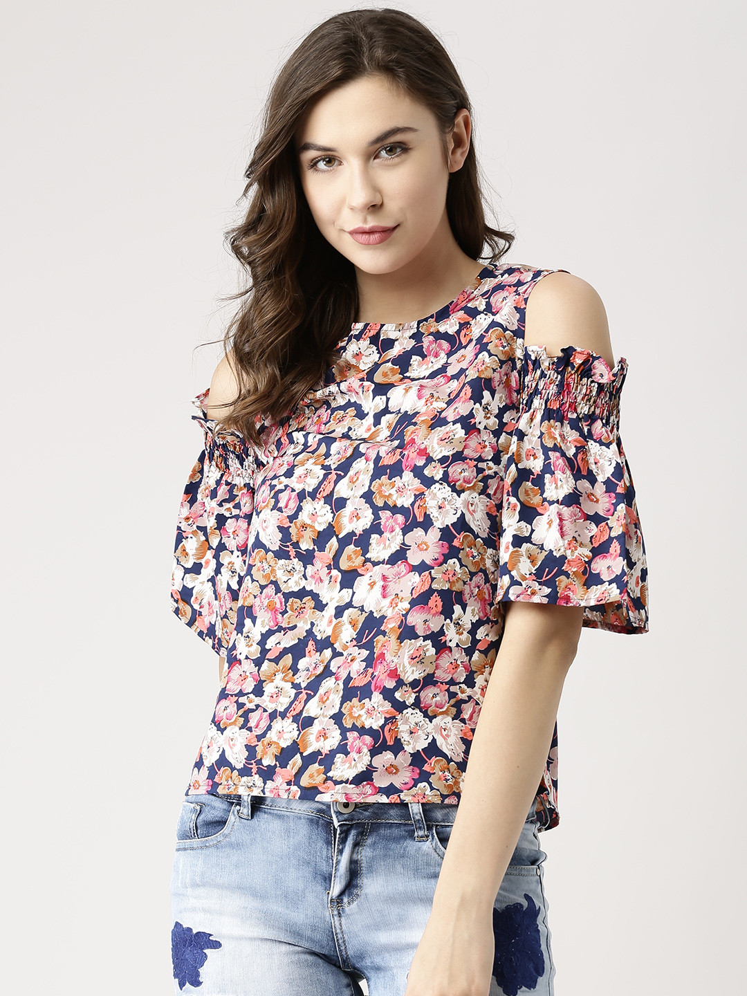

Marie Claire Women Navy Blue Printed Cold Shoulder Top