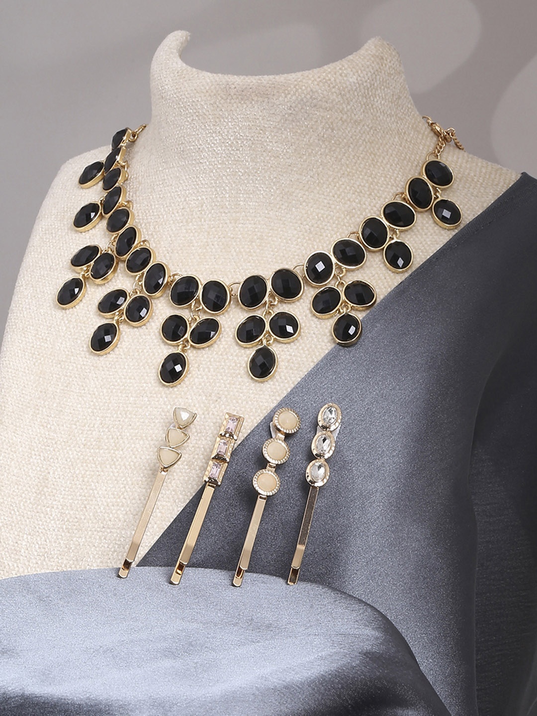 

Lilly & sparkle Gold-Plated White & Black Crystal Studded Jewellery Set