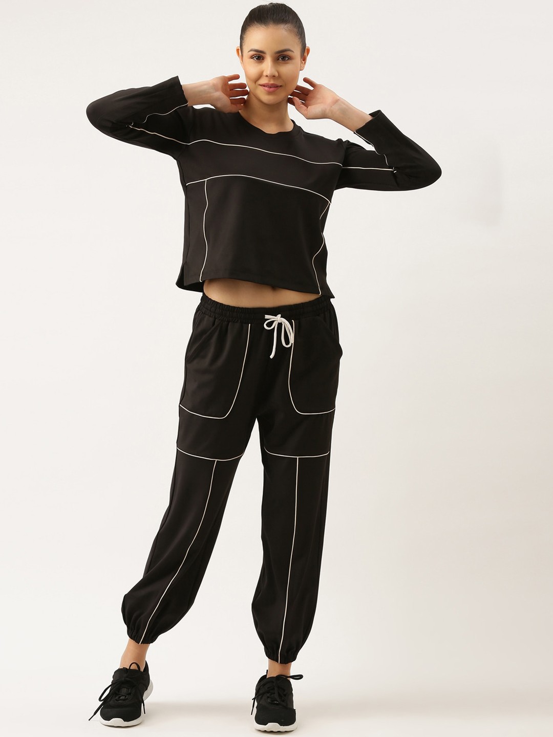 

Bannos Swagger Women Black Solid Co-Ords with Piping Details