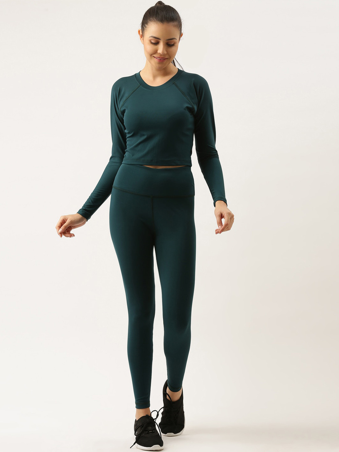 

Bannos Swagger Women Teal-Green Solid Crop Top & Tights Set