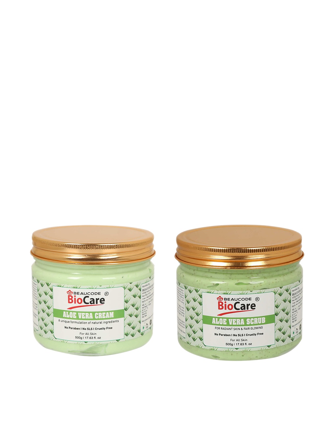 

BEAUCODE BIOCARE Set of Aloe Vera Scrub & Cream For All Skin Types - 500g each, Green