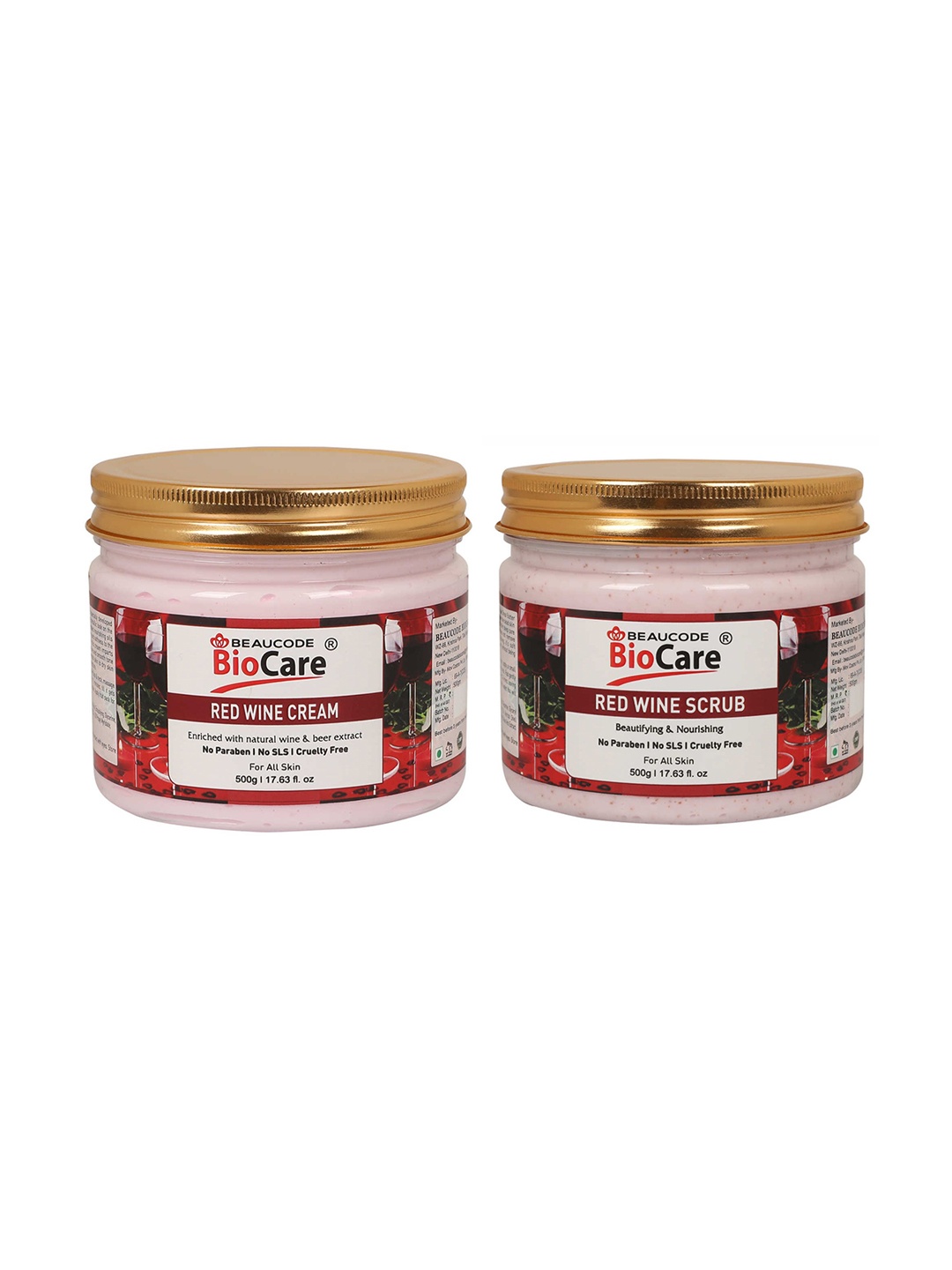

BEAUCODE BIOCARE Set of Red Wine Scrub & Cream For All Skin Types - 500g each, Pink