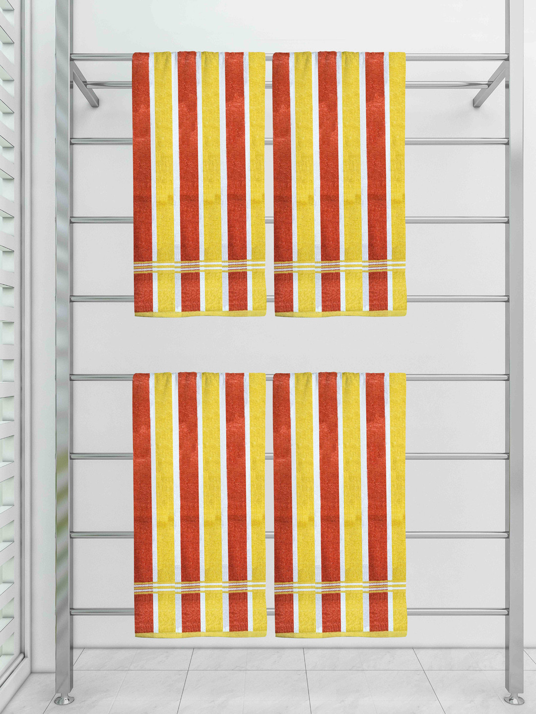 

Athom Trendz Pack Of 4 Red & Yellow Striped Pure Cotton Bath Towel Set
