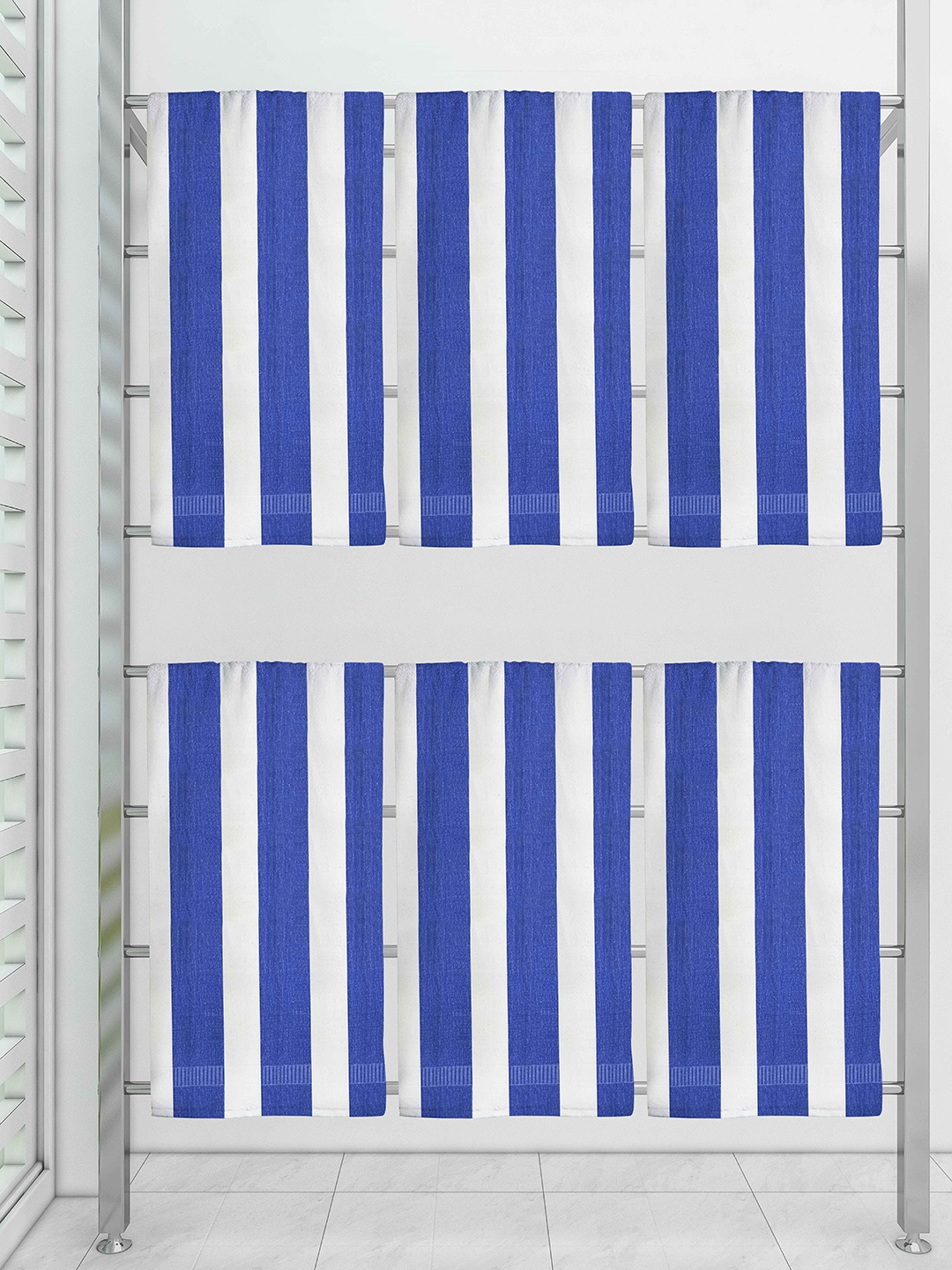 

Athom Trendz White and Blue Striped Set Of 6 Striped 300 GSM Cotton Bath Towels
