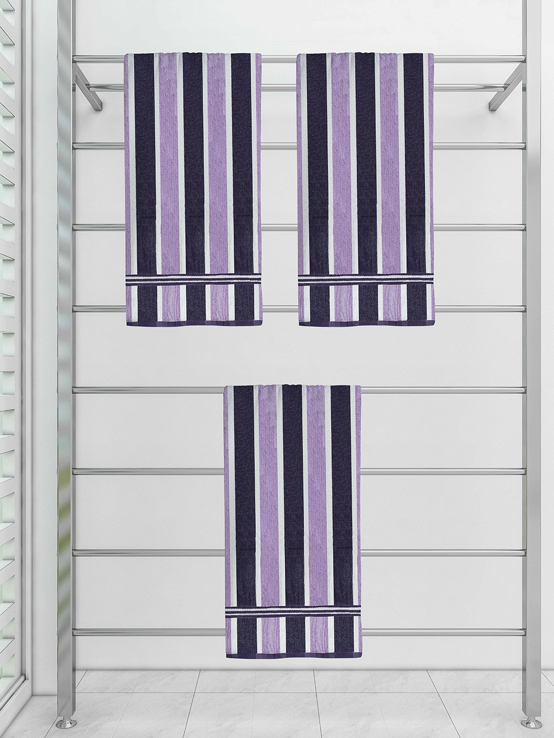 

Athom Trendz Ecosaviour Set Of 3 Purple & Black Striped Cotton 300 GSM Bath Towels, Grey