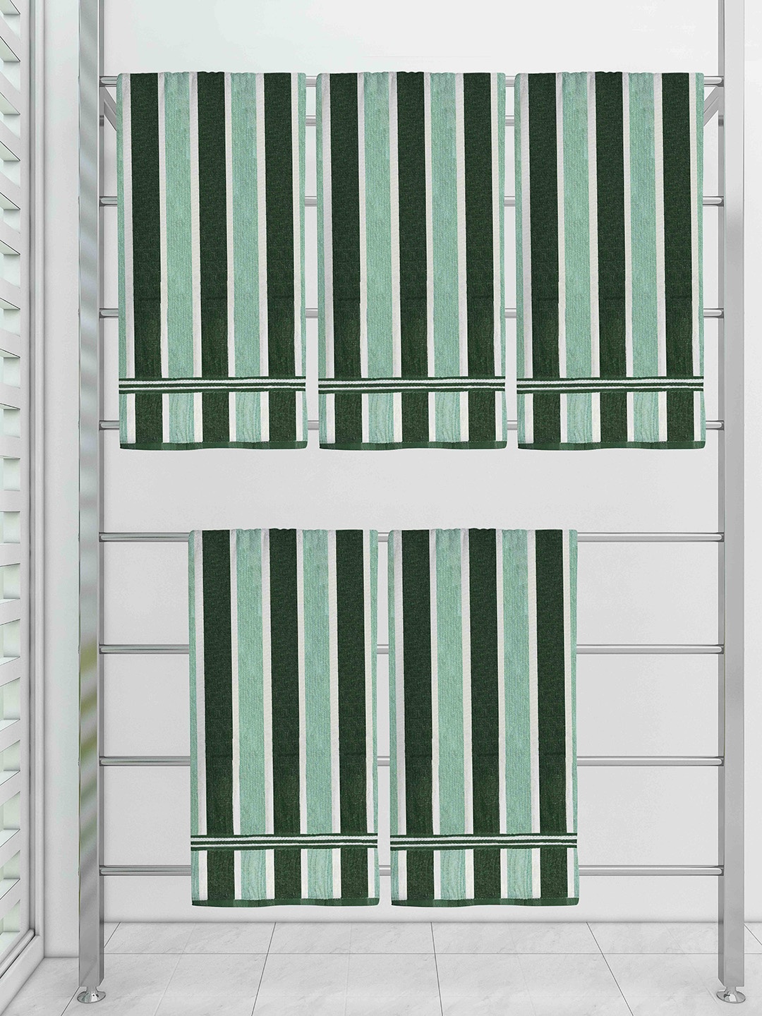 

Athom Trendz Green and Pista Set Of 5 Striped 300 GSM Cotton Bath Towels