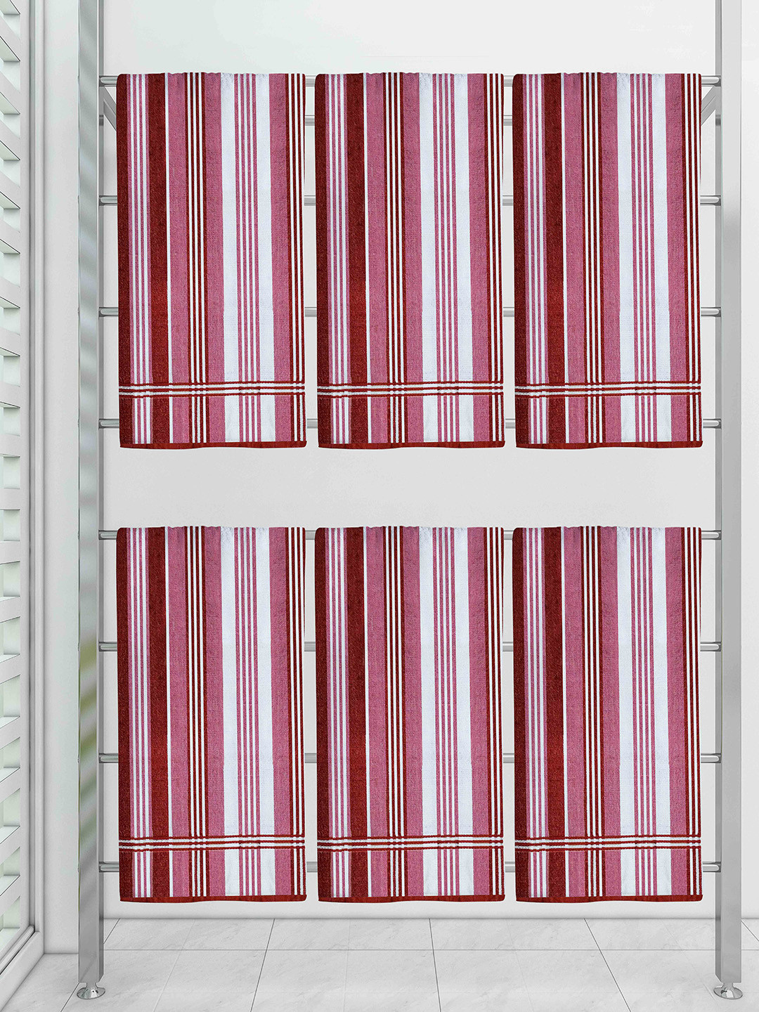 

Athom Trendz Set Of 6 Maroon & White Striped Cotton 300 GSM Towel Set