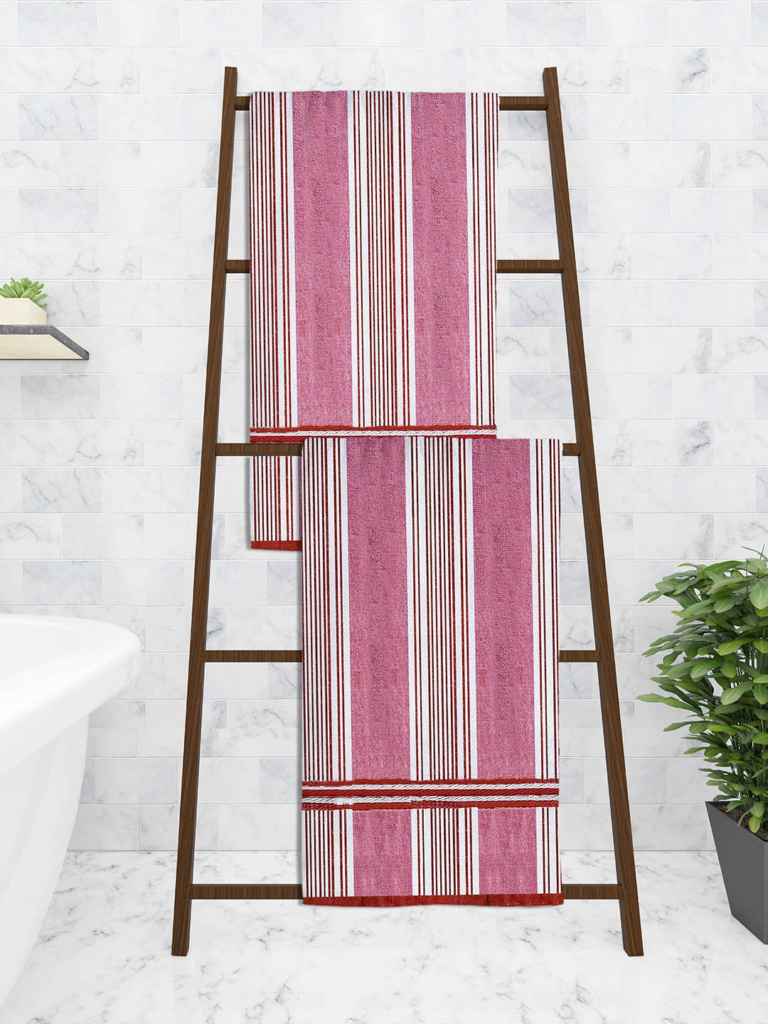 

Athom Trendz Pack Of 2 Pink Ecosaviour Striped 300 GSM Cotton Bath Towels