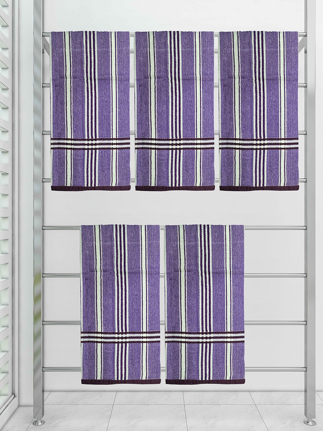 

Athom Trendz Blue & White Set Of 5 Striped Cotton 300 GSM Towel Set